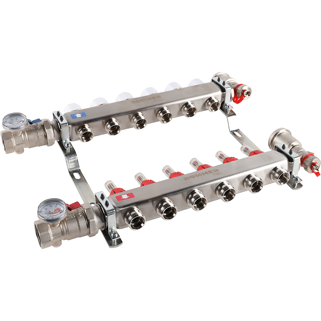 Коллектор из нержавеющей стали в сборе с расходомерами ROMMER 6 выходов