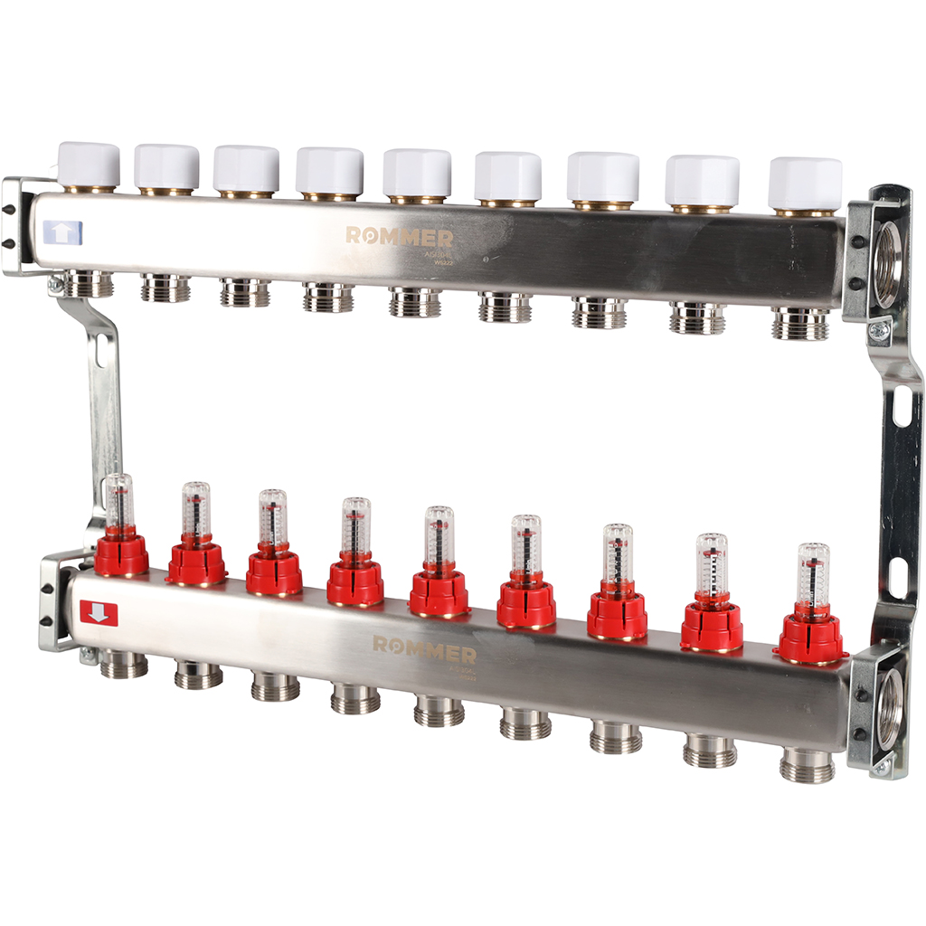Коллектор из нержавеющей стали с расходомерами ROMMER 9 выходов, RMS-1200-000009
