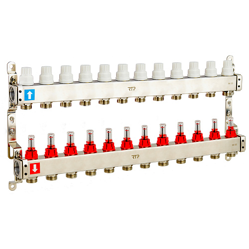 Коллекторная группа с расходомером и кронштейном (евроконус 3/4) нержавеющая сталь SUS 304 1х11 выходов, RTP