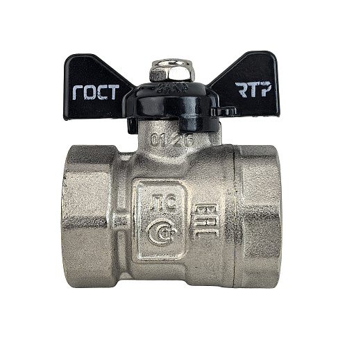 Кран шаровой ГОСТ ручка бабочка, латунь, внутренняя/внутренняя резьба  3/4,PN40 никель, RTP