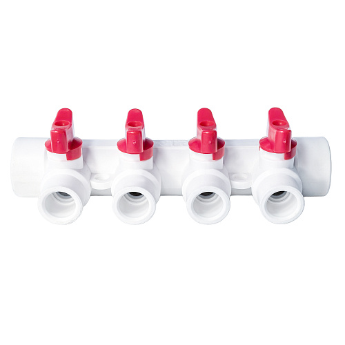 Коллектор с шаровым краном красный PPR 32х20/4,  белый, RTP