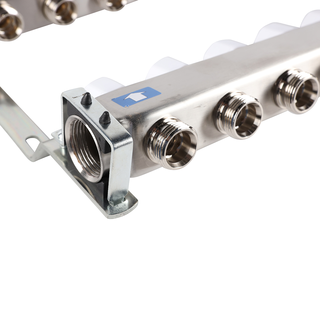 Коллектор из нержавеющей стали без расходомеров ROMMER, с клапаном вып. воздуха и сливом 8 выходов, RMS-3201-000008