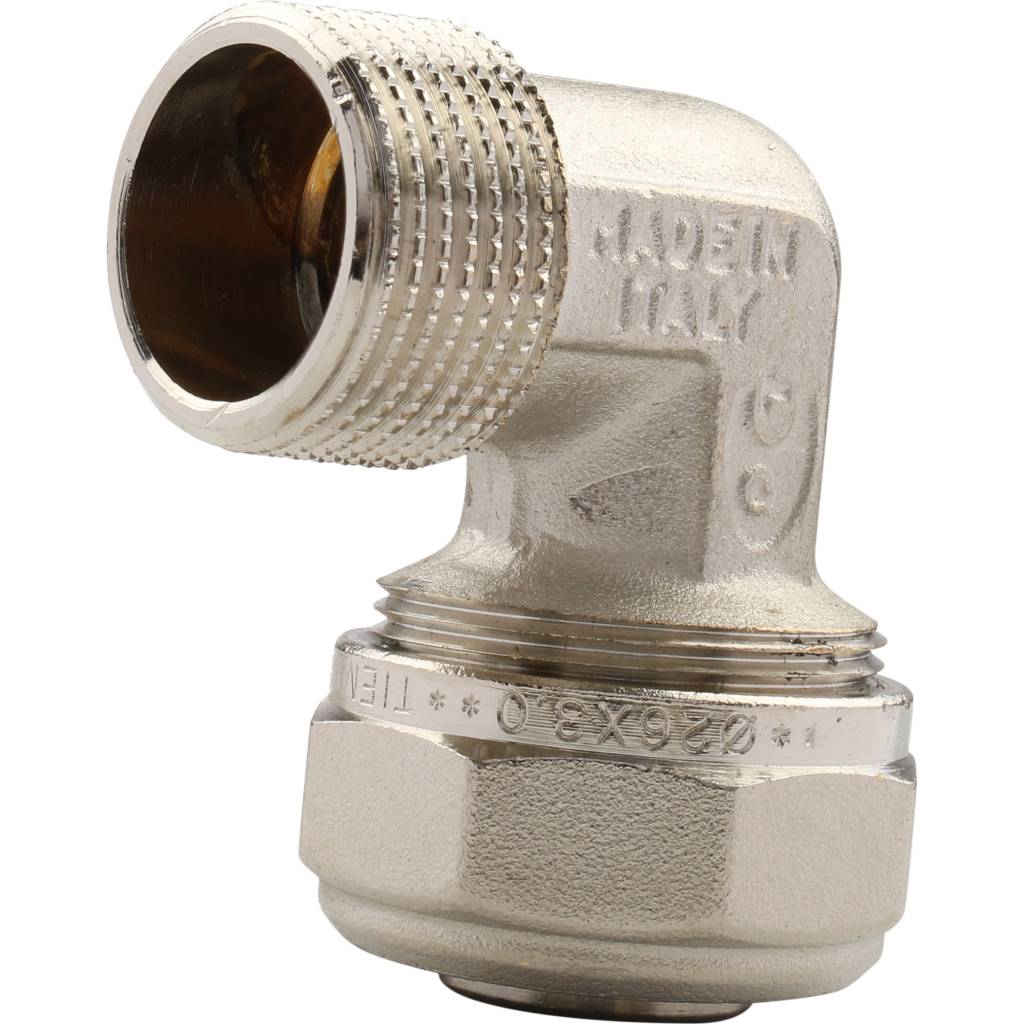 Угольник TIEMME с наружной резьбой (26х3.0х3/4) для металлопластиковых труб винтовой, 1600050