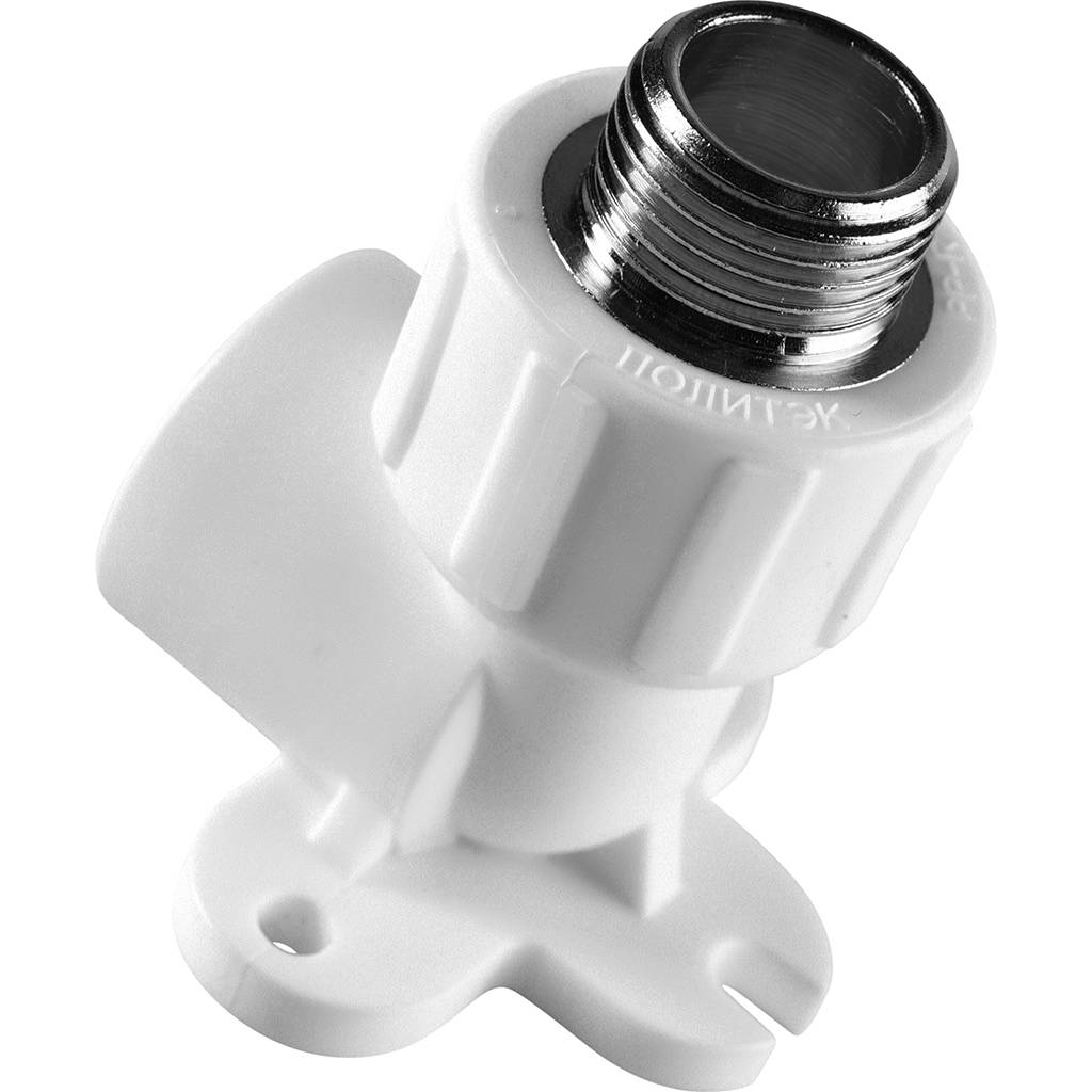 Угольник Политэк 20х1/2 с наружной резьбой с креплением для полипропиленовых труб под сварку (цвет белый), 9500082012