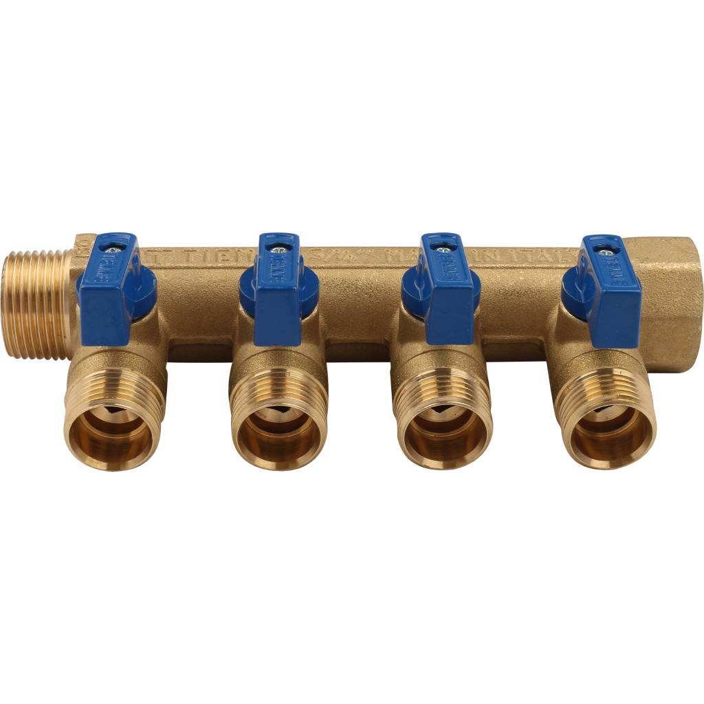 Коллектор распределительный TIEMME с шаровыми кранами на 4 выхода 3/4х1/2