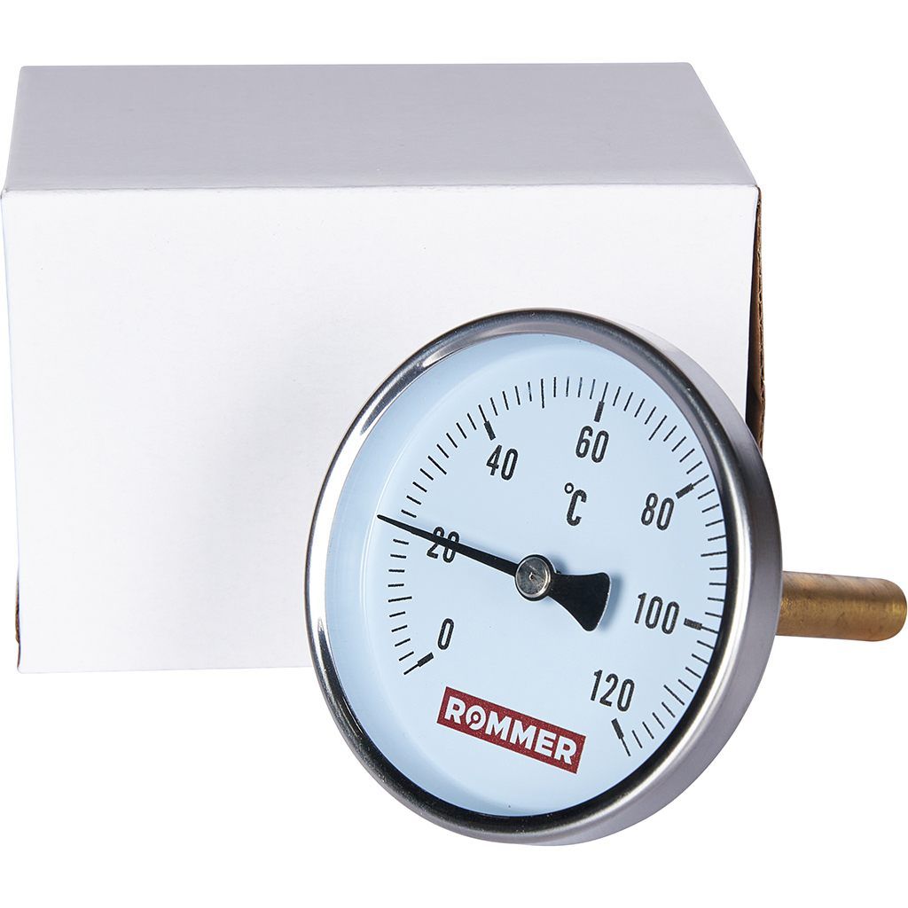 Термометр биметаллический ROMMER 80 мм 120 градусов с погружной гильзой 100 мм 1/2