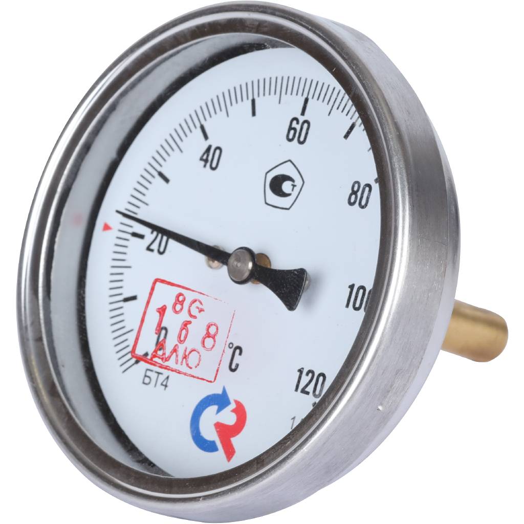 Термометр биметаллический погружной РОСМА 80 мм c гильзой 120 градусов 1/2 осевой шток 46х6 мм БТ-41.211