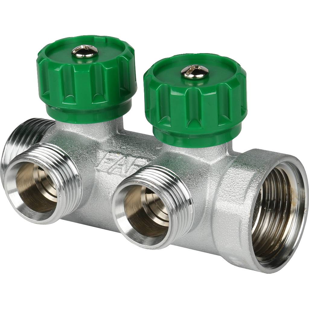 Коллектор распределительный FAR 3/4, проходной, хромированный, 2 отвода 1/2 плоское уплотнение