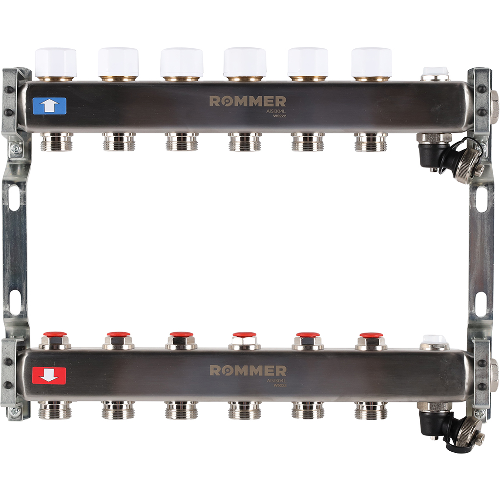 Коллектор из нержавеющей стали без расходомеров ROMMER, с клапаном вып. воздуха и сливом 6 выходов, RMS-3201-000006