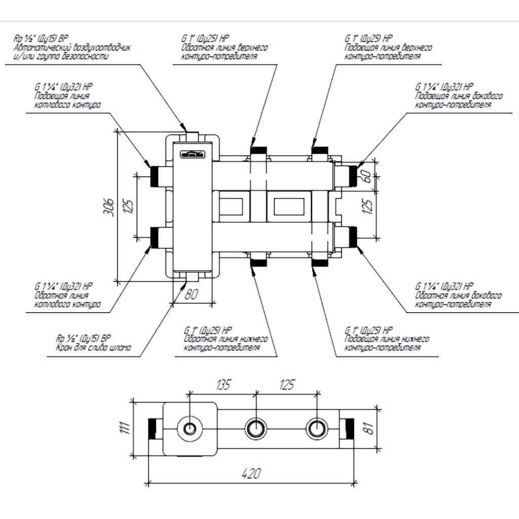 Балансировочный коллектор GIDRUSS BM-80-3DU.EPP (до 80 кВт, подкл. котла G 1, 1+1 контура G 1, боковой контур G 1, 4D-кронштейны K.UMS, EPP-термоизоляция)