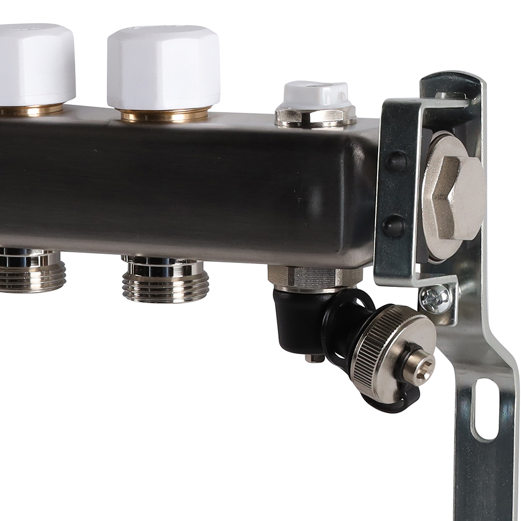 Коллектор из нержавеющей стали без расходомеров ROMMER, с клапаном вып. воздуха и сливом 5 выходов, RMS-3201-000005