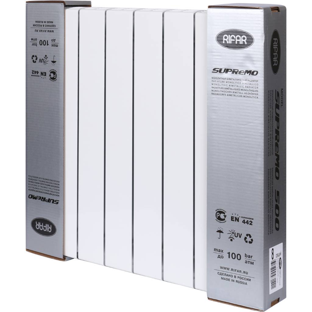 Радиатор биметаллический RIFAR SUPReMO 500 8 секций боковое подключение (белый RAL 9016), 4RS50-8