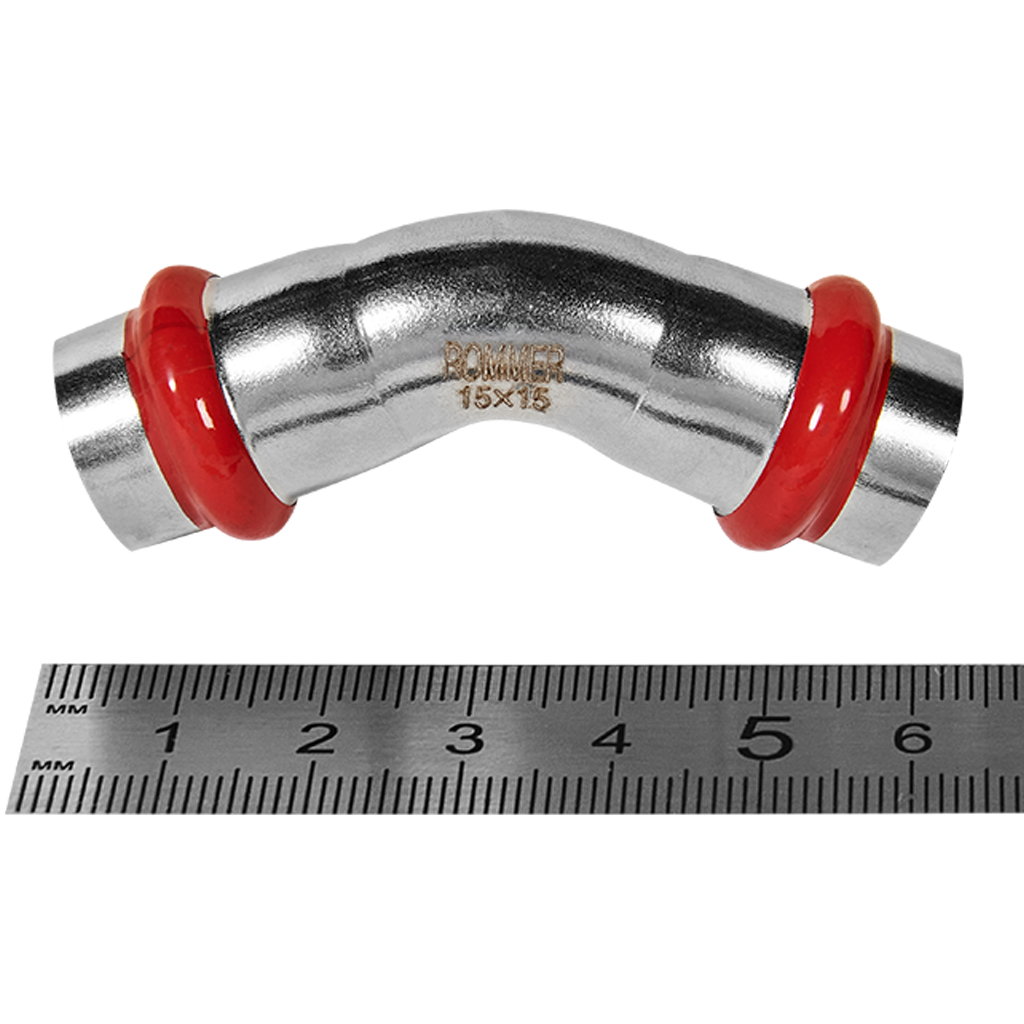 Угольник ROMMER 45°-ВПр, 15, из нержавеющей стали прессовой