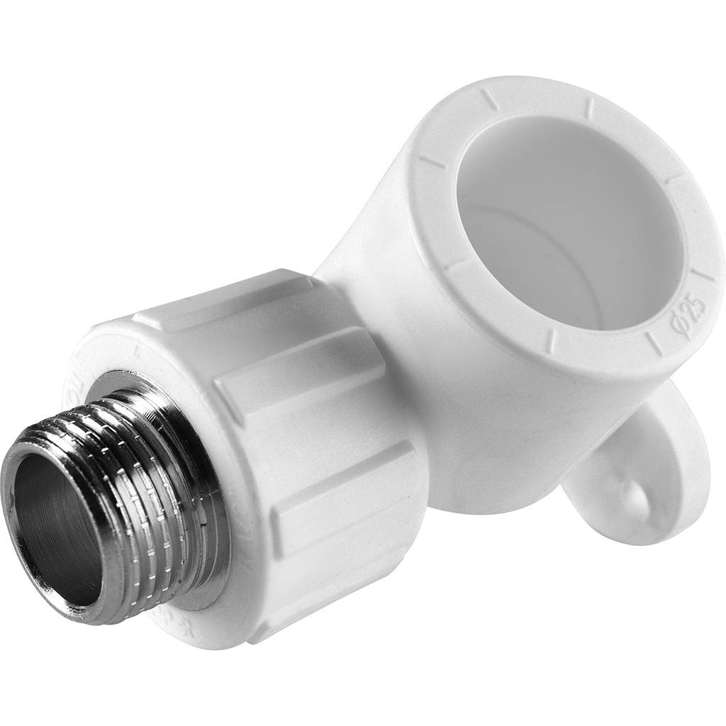 Угольник Политэк 25х1/2 с наружной резьбой с креплением для полипропиленовых труб под сварку (цвет белый)