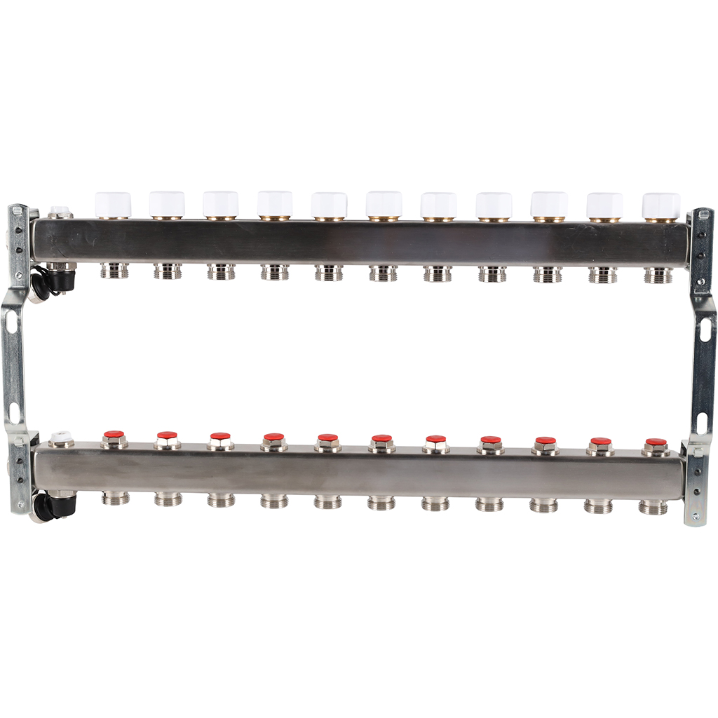 Коллектор из нержавеющей стали без расходомеров ROMMER, с клапаном вып. воздуха и сливом 11 выходов