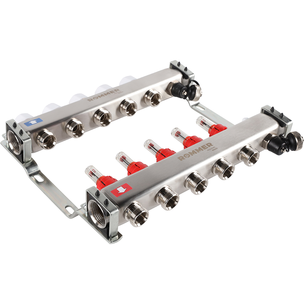 Коллектор из нержавеющей стали с расходомерами ROMMER, с клапаном вып. воздуха и сливом 5 выходов, RMS-1201-000005