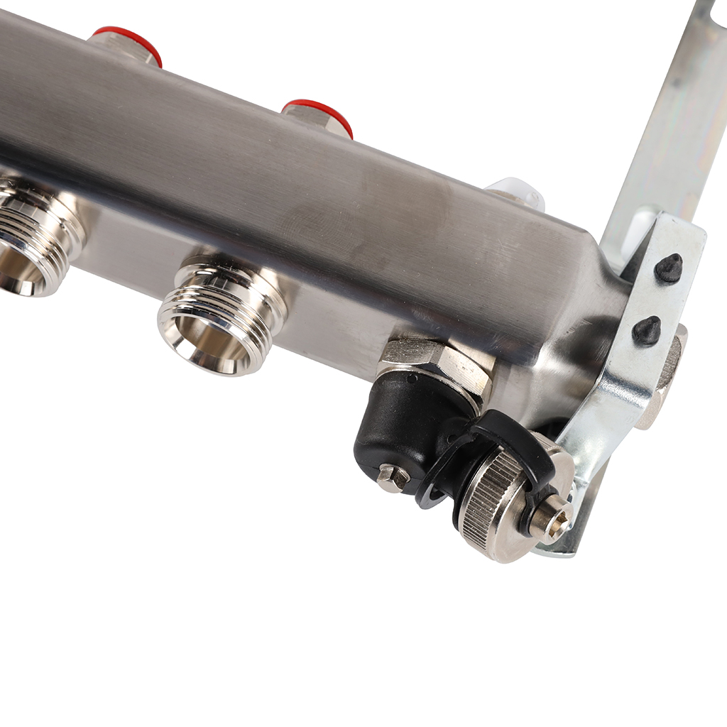 Коллектор из нержавеющей стали без расходомеров ROMMER, с клапаном вып. воздуха и сливом 9 выходов, RMS-3201-000009