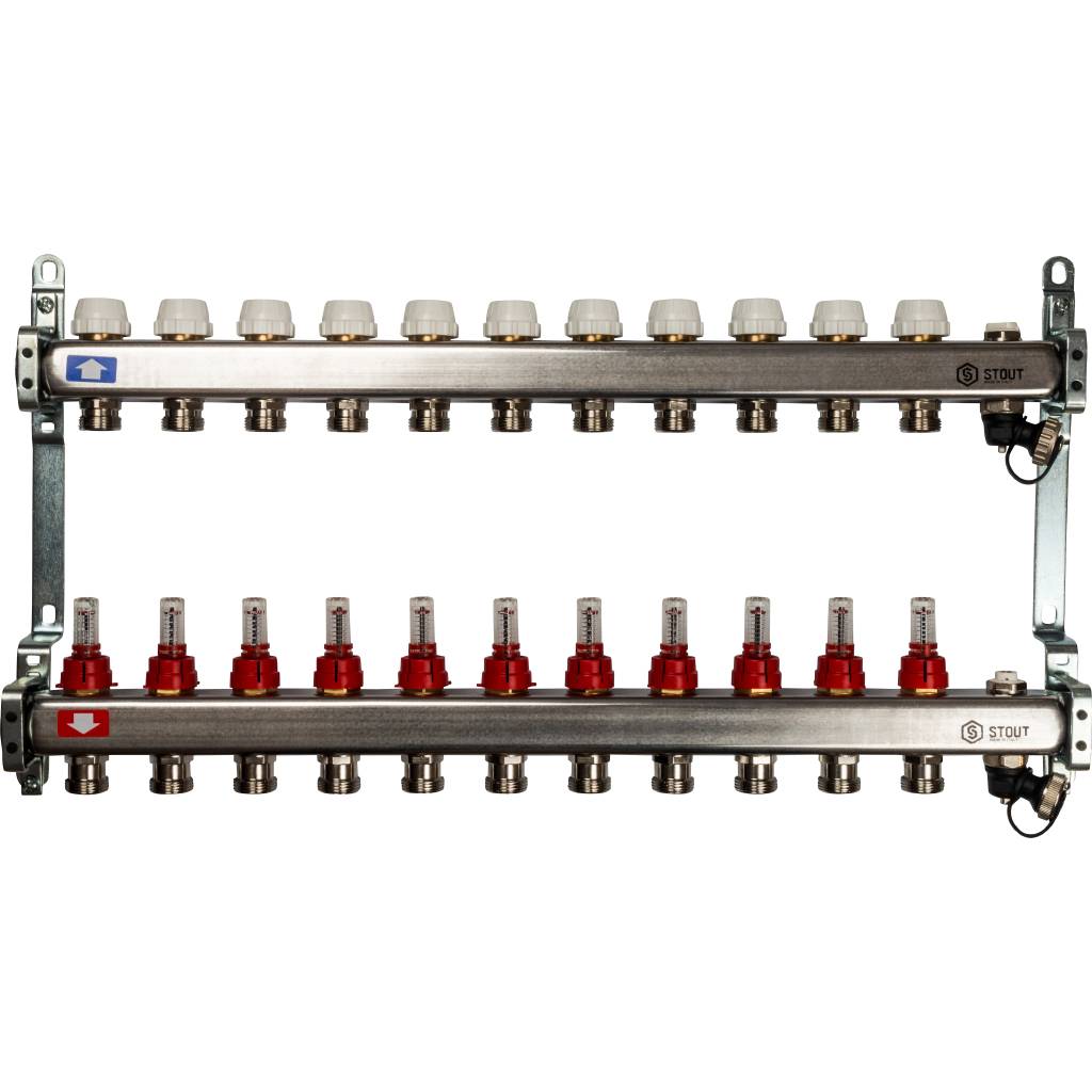 Коллектор из нержавеющей стали с расходомерами, с клапаном вып. воздуха и сливом STOUT 11 выходов, SMS-0927-000011