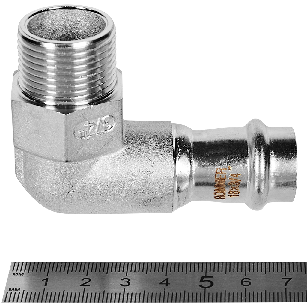 Угольник ROMMER-переходник-НР, 18х3/4, из нержавеющей стали прессовой