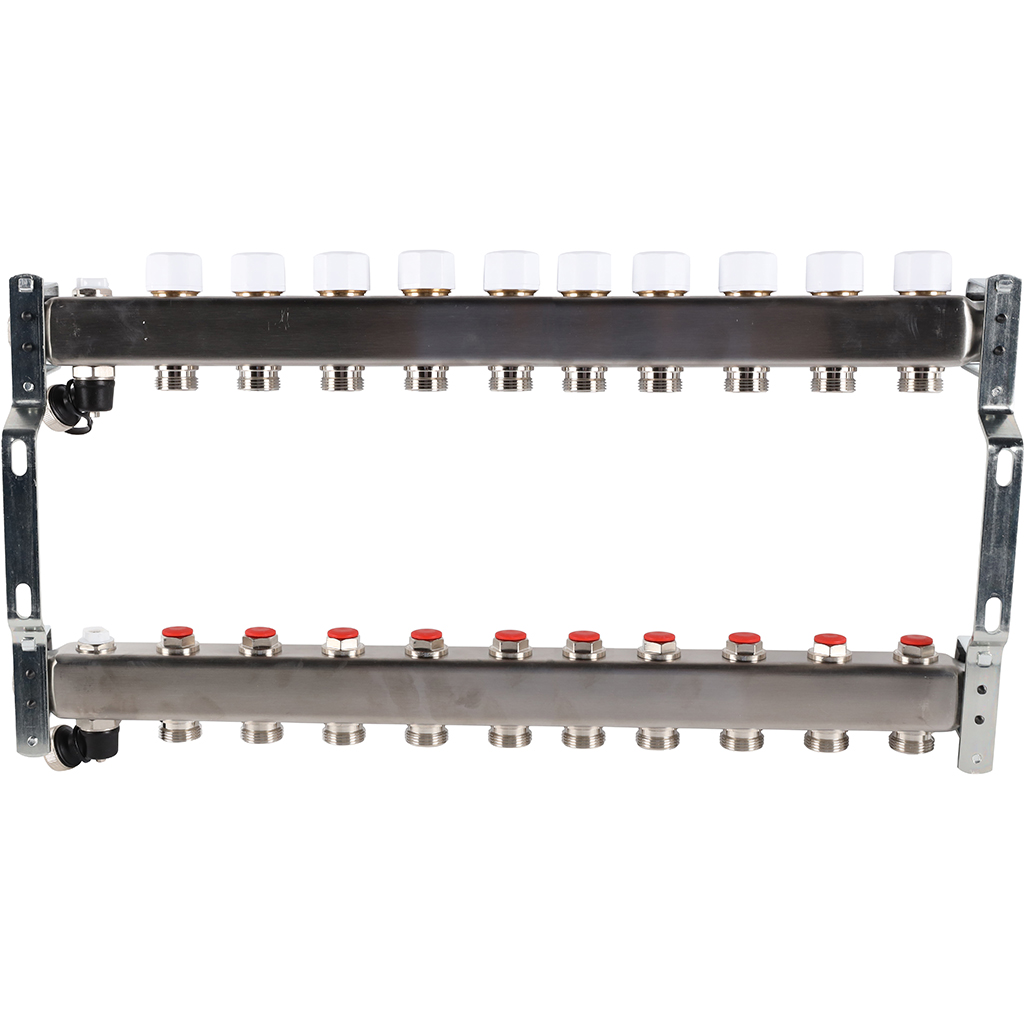 Коллектор из нержавеющей стали без расходомеров ROMMER, с клапаном вып. воздуха и сливом 10 выходов, RMS-3201-000010