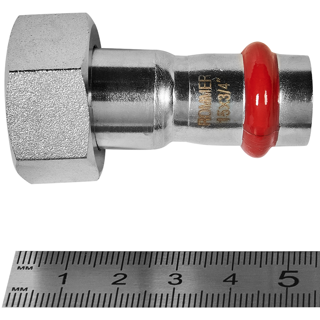 Переходник ROMMER с накидной гайкой-ВР 15х3/4 из нержавеющей стали прессовой