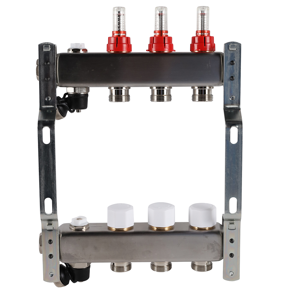 Коллектор из нержавеющей стали с расходомерами ROMMER, с клапаном вып. воздуха и сливом 3 выхода