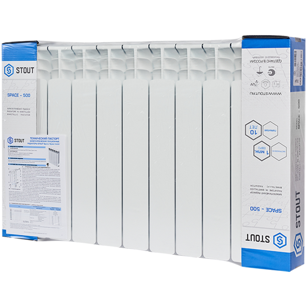 Радиатор биметаллический STOUT Space 500 10 секций боковое подключение RAL9016