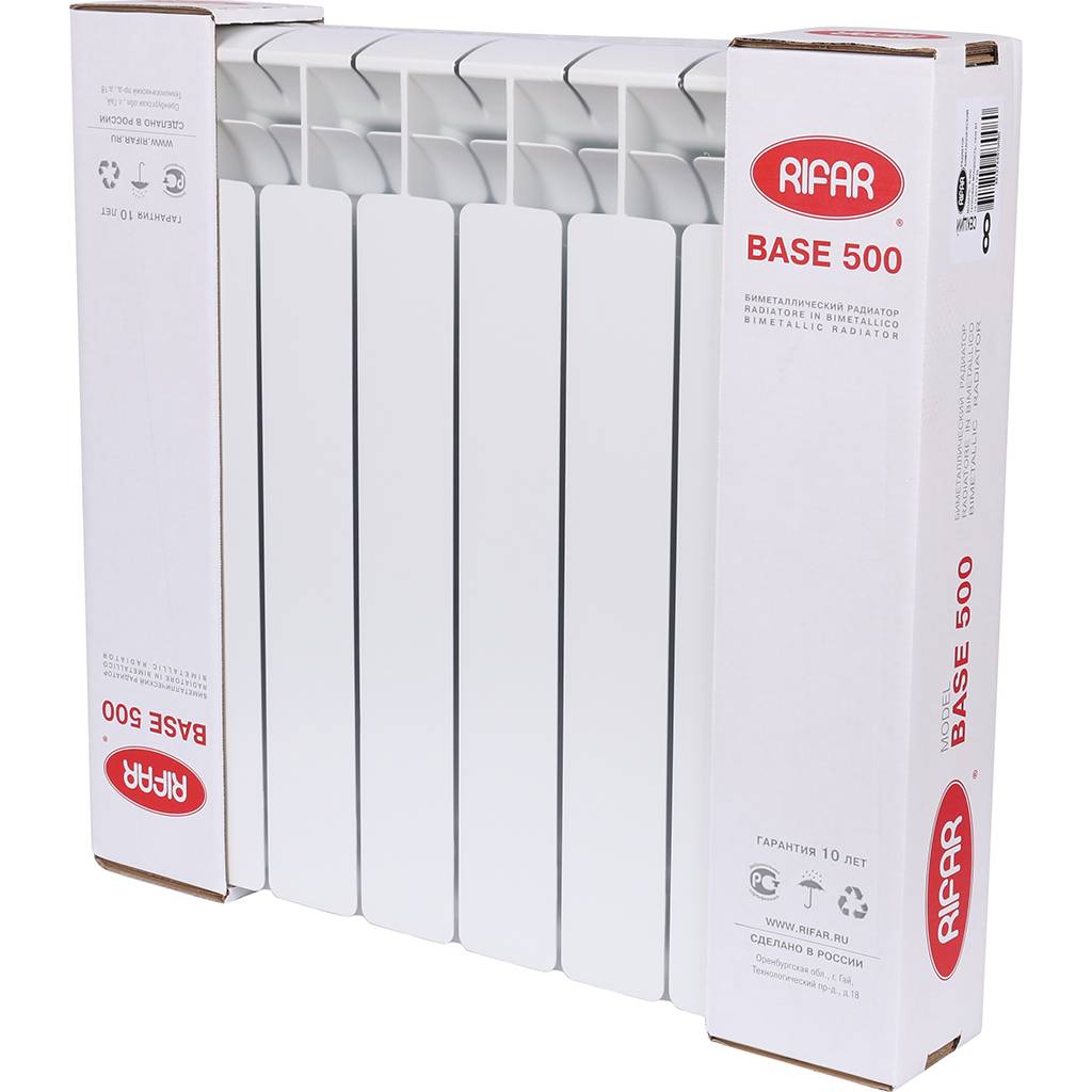 Радиатор биметаллический RIFAR BASE 500 8 секций боковое подключение (белый RAL 9016), 1RB50-8