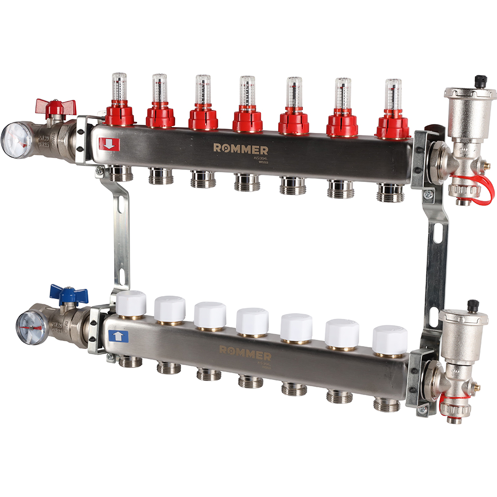 Коллектор из нержавеющей стали в сборе с расходомерами ROMMER 7 выходов, RMS-1210-000007