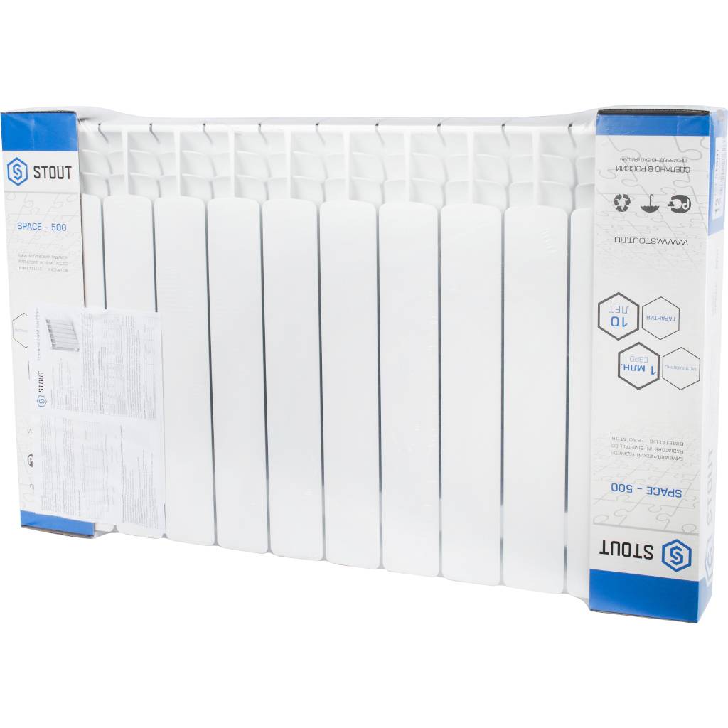 Радиатор биметаллический STOUT Space 500 12 секций боковое подключение RAL9016, SRB-0310-050012