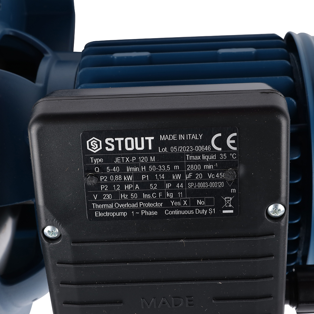 Насос поверхностный STOUT, корпус-нерж.сталь,раб.колесо-норил, Q-40л/мин, H-53,5м, SPJ-0003-000120