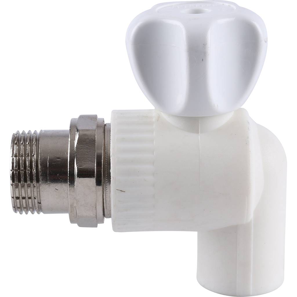 Кран шаровой Kalde разборный угловой с накидной гайкой 20x3/4 для полипропиленовых труб под сварку (цвет белый), 3242-vre-200c00