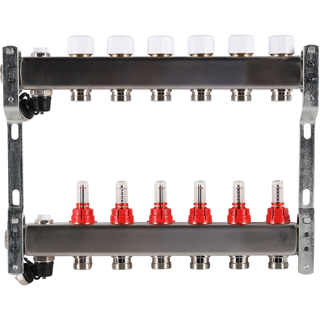 Коллектор из нержавеющей стали с расходомерами ROMMER, с клапаном вып. воздуха и сливом 6 выходов, RMS-1201-000006