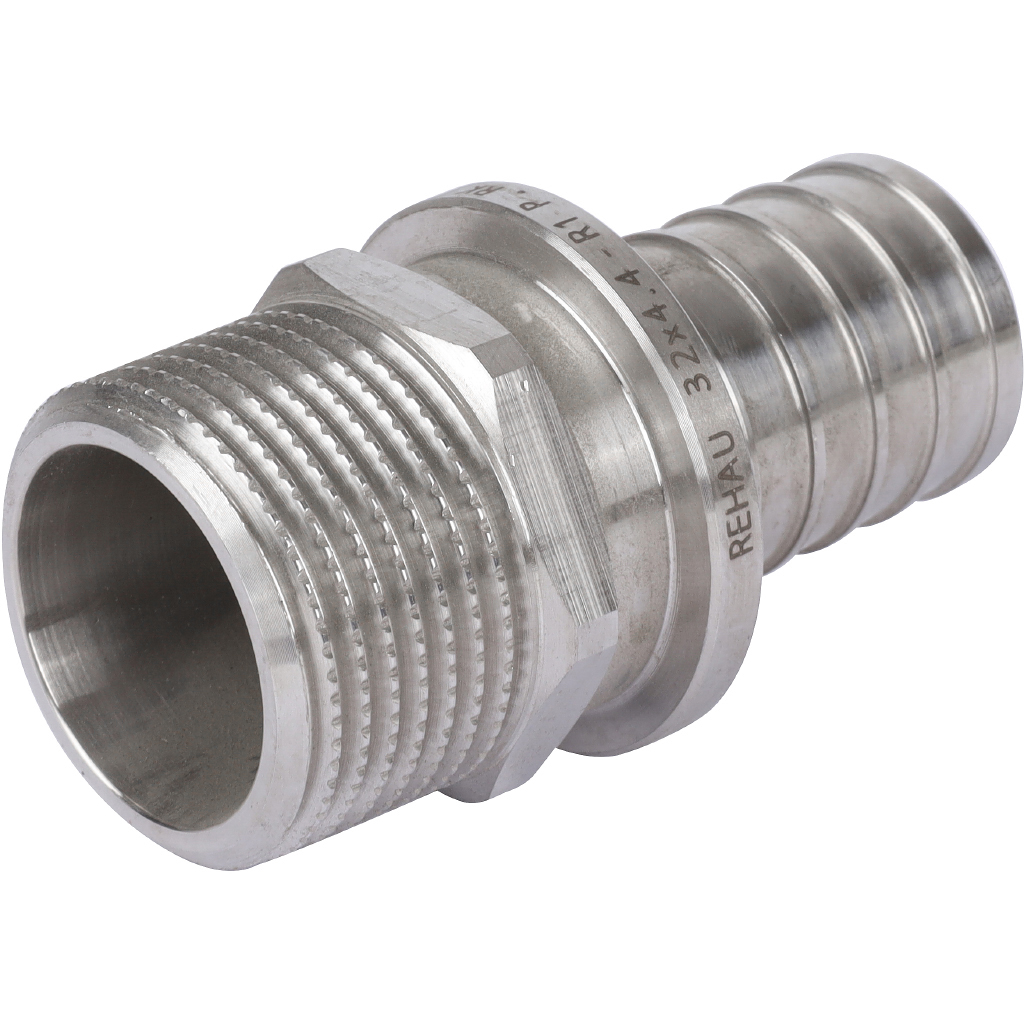 Переходник из нерж. стали РЕХАУ RAUTITAN с наружной резьбой 32 - R 1 для труб из сшитого полиэтилена аксиальный, 11377521001