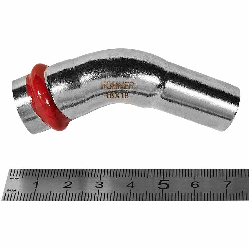 Угольник ROMMER однораструбный 45° ВПр-НПр, 18, из нержавеющей стали прессовой, RSS-1004-000018