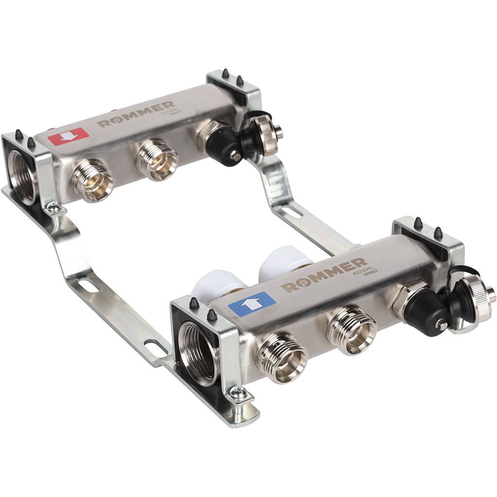 Коллектор из нержавеющей стали без расходомеров ROMMER, с клапаном вып. воздуха и сливом 2 выхода