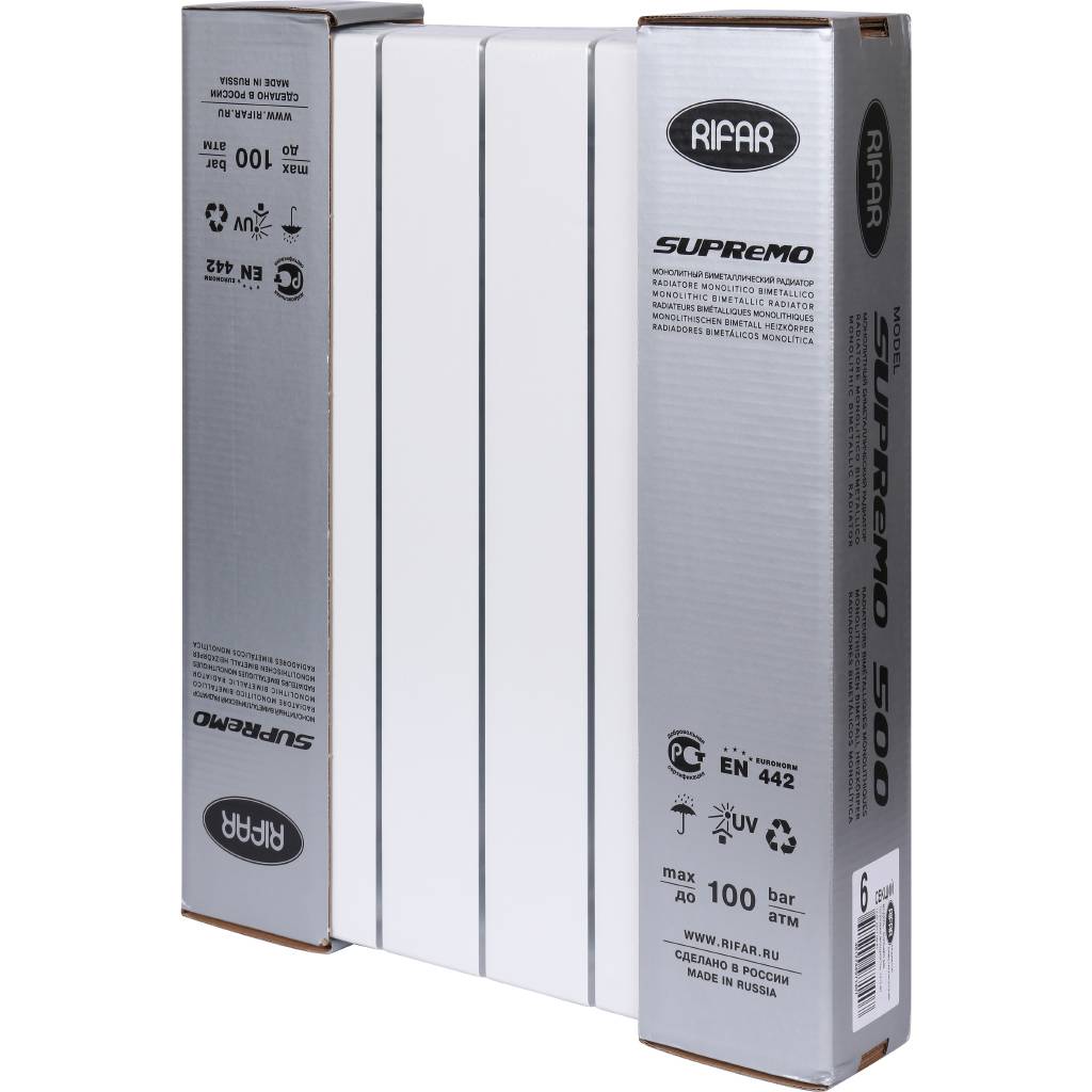 Радиатор биметаллический RIFAR SUPReMO 500 6 секций боковое подключение (белый RAL 9016), 4RS50-6