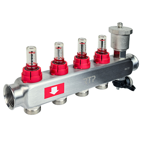 Коллекторная группа с регулирующими клапанами, расходомерами, воздухоотводчиками, обратными и дренажными клапанами, кронштейном (евроконус 3/4) нержавеющая сталь SUS 304 1х 4 выхода, RTP