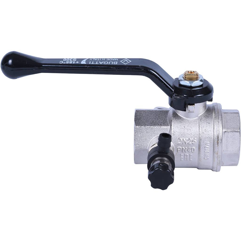 Кран шаровой BUGATTI Oregon с дренажем и воздухоотводчиком, (ручка-рычаг алюминий) внут-внут резьба 1, 03300029