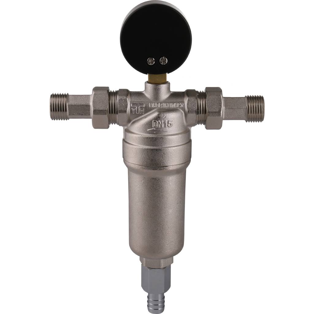 Фильтр с манометром TIEMME 1/2 со сгонами, с латунной колбой, промывной, 3130001
