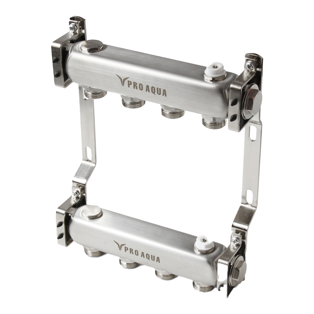 Коллекторный блок без запорных клапанов с воздухоотводчиками Pro Aqua 4 выхода, 280 мм, 1 х 3/4