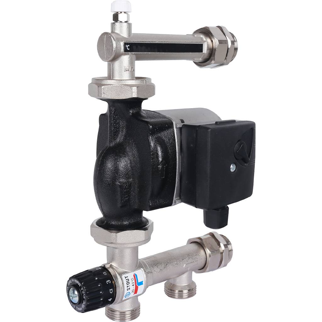 Насосно-смесительный узел STOUT SDG-0120 с термостатическим клапаном 20-43°C жидкокристаллическим термометром, с насосом UPSO 25-65, 130 mm, SDG-0120-005001