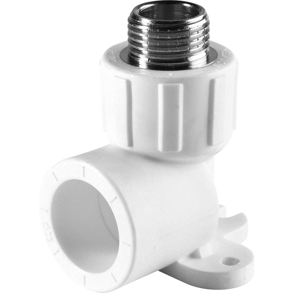 Угольник Политэк 25х1/2 с наружной резьбой с креплением для полипропиленовых труб под сварку (цвет белый), 9500082512