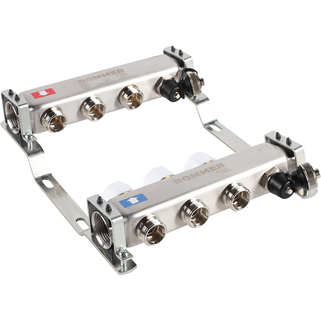 Коллектор из нержавеющей стали без расходомеров ROMMER, с клапаном вып. воздуха и сливом 3 выхода