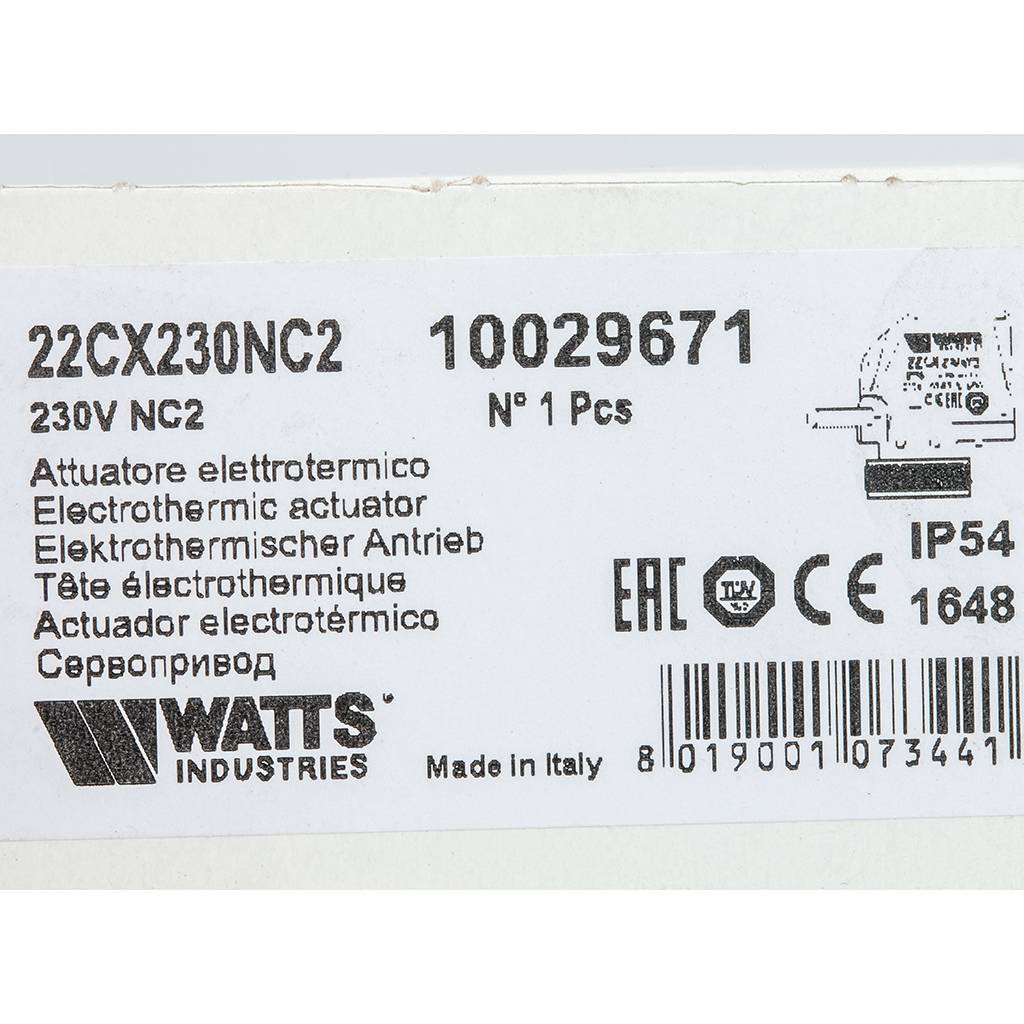 Сервопривод электротермический Watts 22CX нормально закрытый, 230 В, 10029671