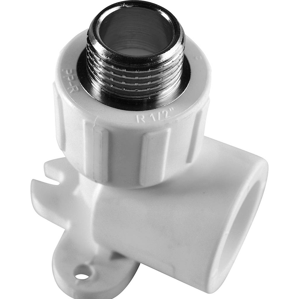 Угольник Политэк 25х1/2 с наружной резьбой с креплением для полипропиленовых труб под сварку (цвет белый), 9500082512