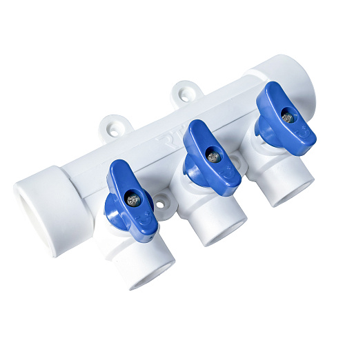 Коллектор с шаровым краном синий PPR 32х20/3,  белый, RTP