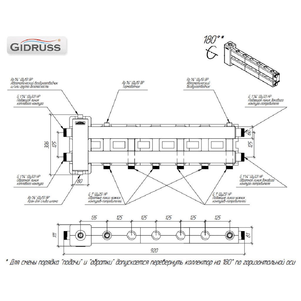 Балансировочный коллектор GIDRUSS BMSS-80-3DU.EPP (до 80 кВт, подкл. котла G 1, 1+1 контура G 1, боковой контур G 1, зеркально-матовая полировка, 4D-кронштейны K.UMS, EPP-термоизоляция)