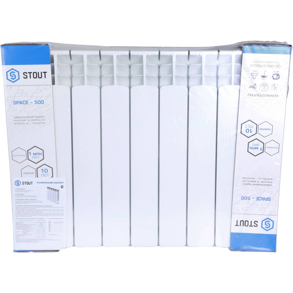 Радиатор биметаллический STOUT Space 500 7 секций нижнее правое подключение RAL9016, SRB-0320-050007