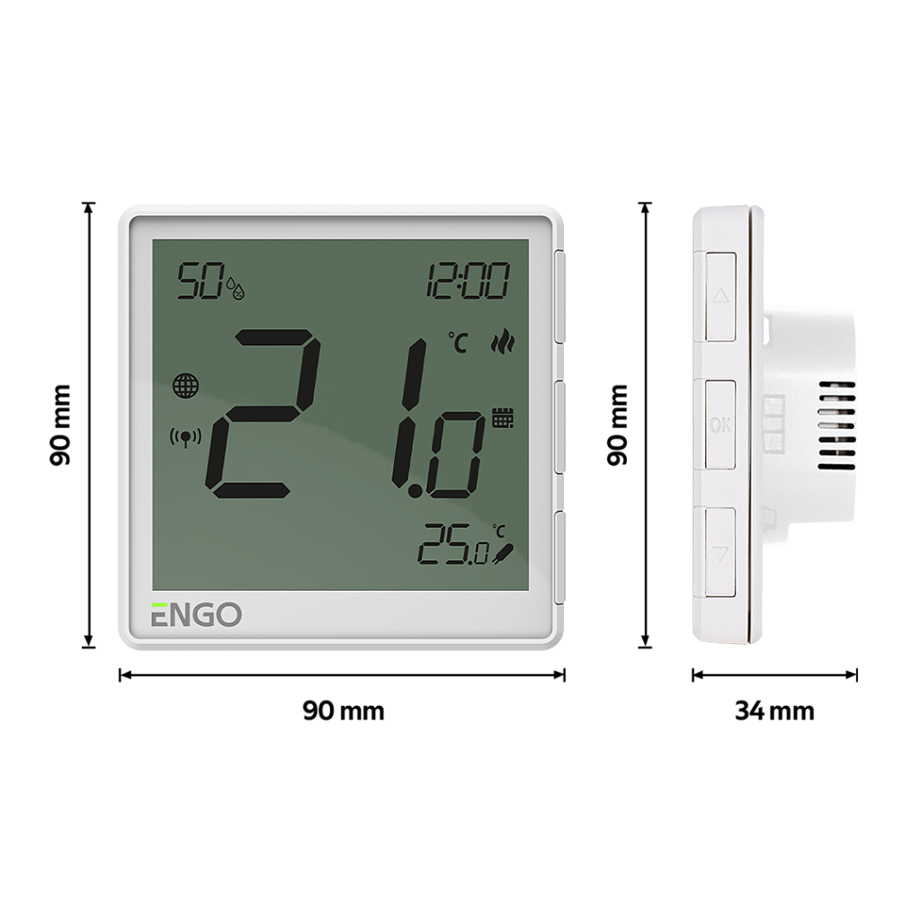 Универсальный Терморегулятор ENGO Controls, белый, с модулем Zigbee, с питанием 230, со встроенным датчиком влажности, с возможностью подключения датчика пола